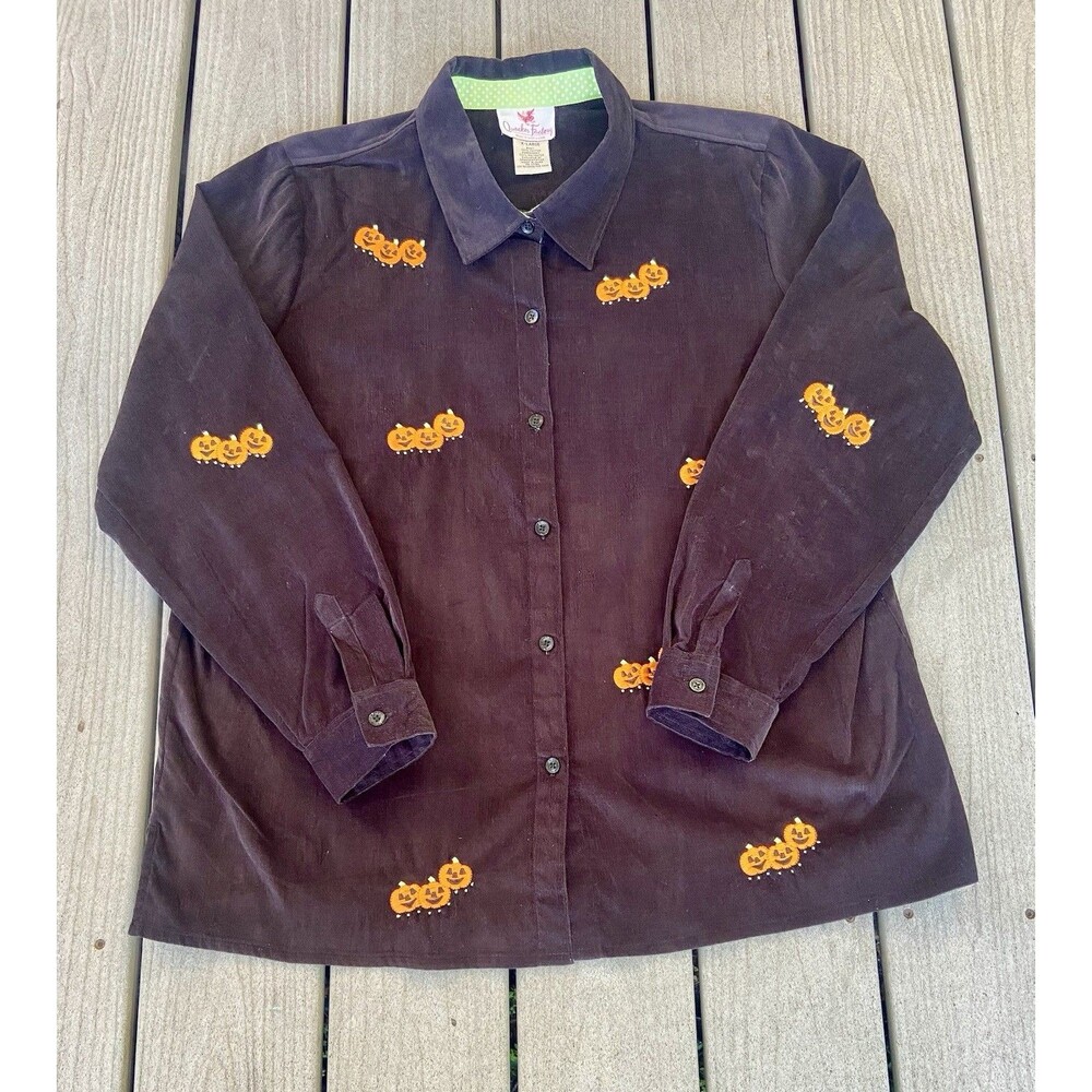Quacker Factory Pumpkin Black Button Up Shirt Emb… - image 2